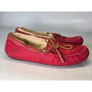UGG Australia Women's Moccasin Size 9 Red Suede Sheepskin Slippers Shoes 5612